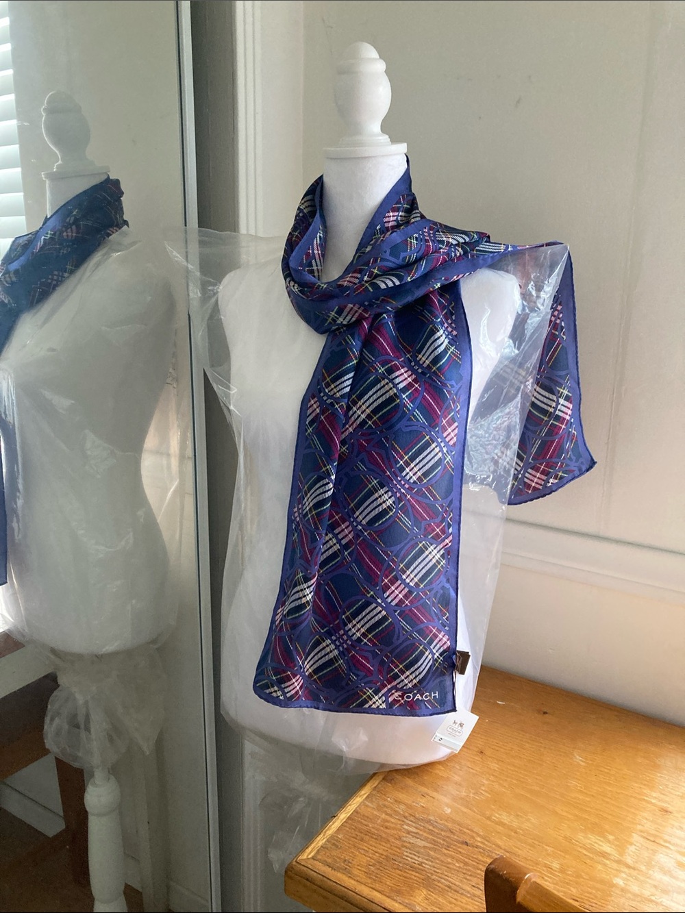 Coach Navy Multicolor Plaid Silk Scarf - Picture 2 of 5
